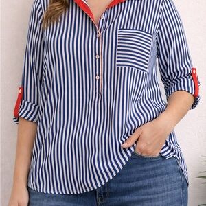 Blue White Striped Blouse - Red Collar 3/4 sleeve